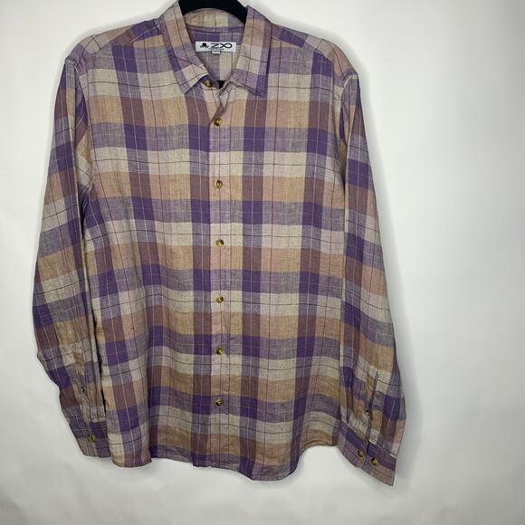 Purple Tan Plaid Linen? Shirt Button Up Sz Large - Picture 1 of 5